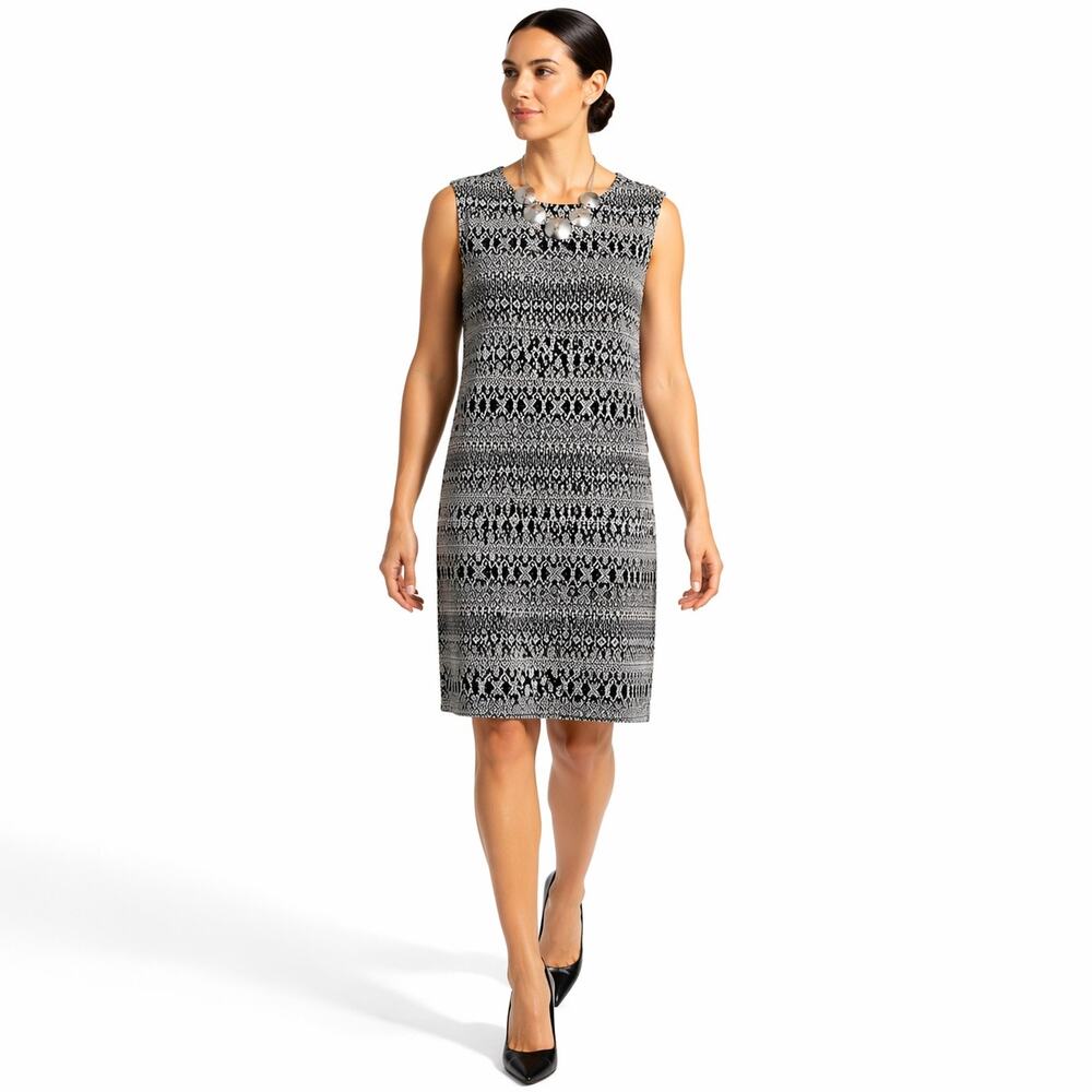 Calvin Klein Knit Shift Dress 14 Sleeveless Textured Black Gray Geometric Lined